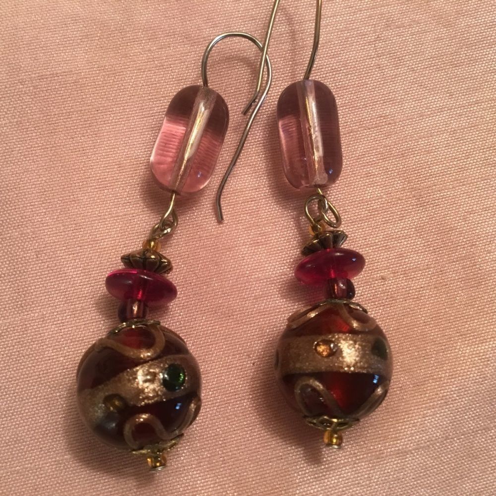 Goldtone Ear Wires w/Red Lamp Work Beads - Picture 2 of 6